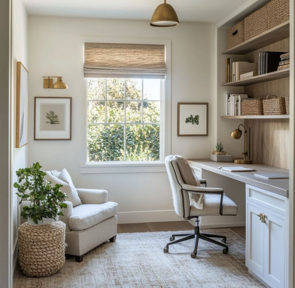 Bright built-in desk with warm wood shelves, brass accents, and a centered window, home office design that feels calm