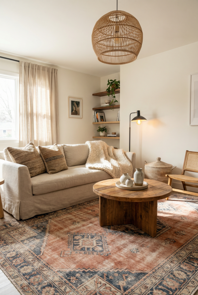 How to find your decorating style by borrowing bohemian interior design texture with layered rugs, warm wood tones, soft neutrals, and visual inspiration
