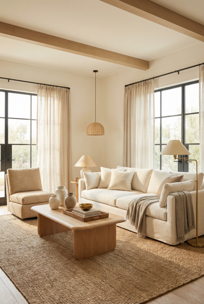 How to find your decorating style with california casual decor in a bright living room featuring warm neutrals, natural textures, and relaxed interior aesthetics