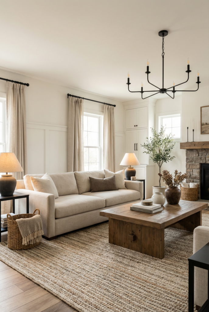 How to find your decorating style through modern farmhouse style elements like black lighting, warm wood, cozy textiles, and simple decorating ideas