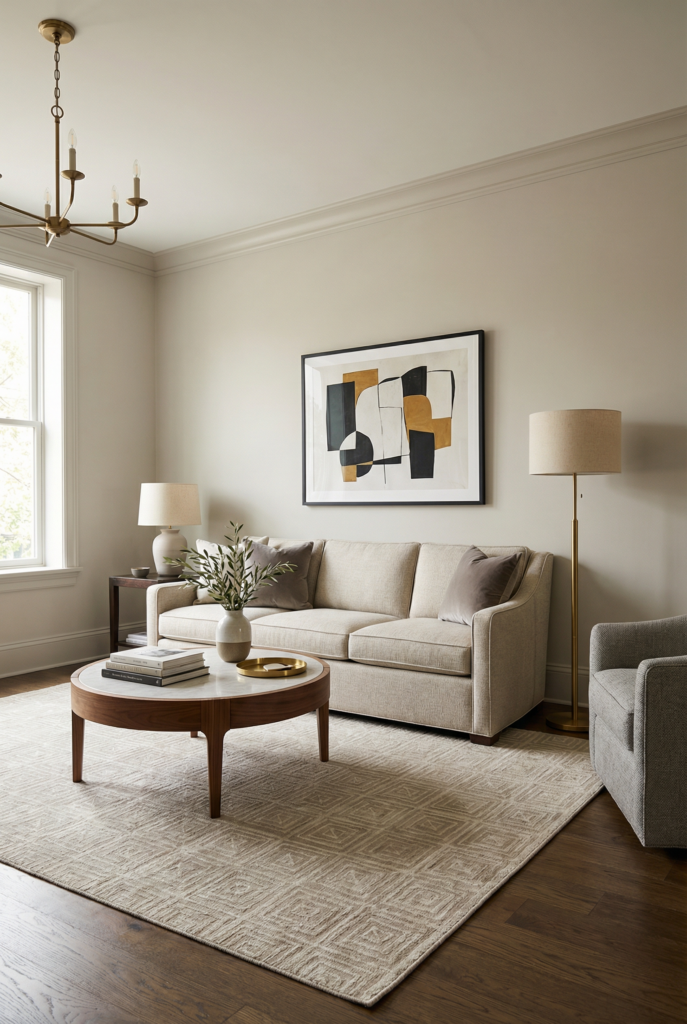 How to find your decorating style using transitional decor with a tailored neutral sofa, warm lighting, balanced layout, and calm style preferences
