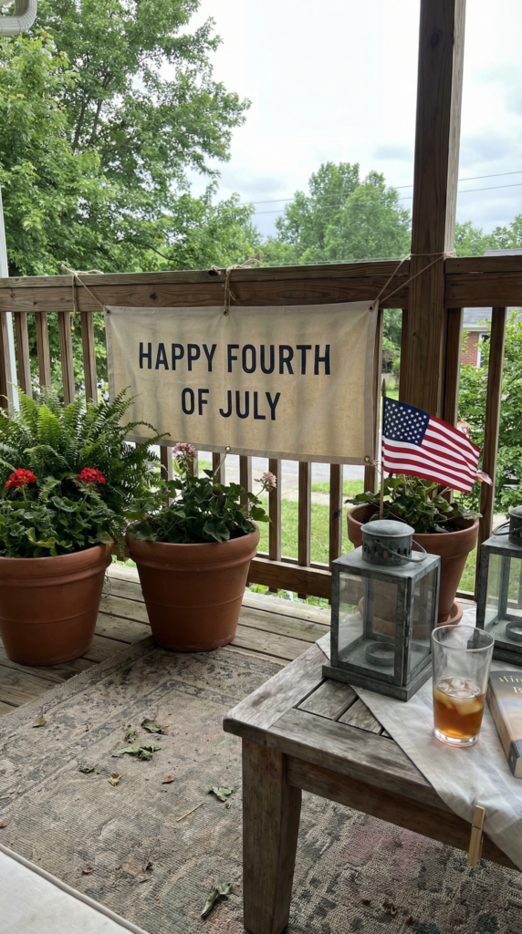 Independence day decorations on a porch with banners for independence day, festive yard decor in planters, a small flag, and cozy outdoor seating.
