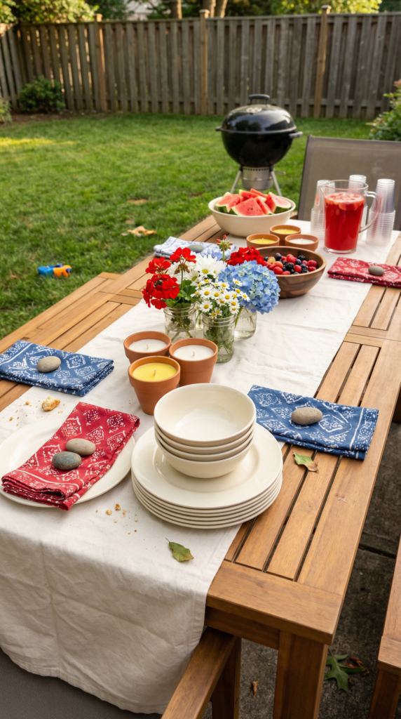 Independence day decorations with outdoor table decor, red white blue flowers in jars, candles, and summer snacks on a patio table.