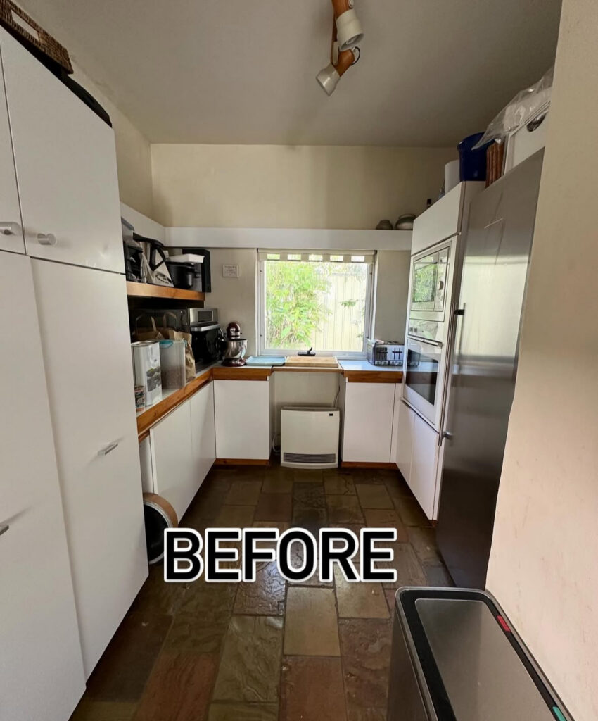 Narrow white kitchen with standard cabinets and limited prep space before the new kitchen layout design by @collectedinteriorsperth.