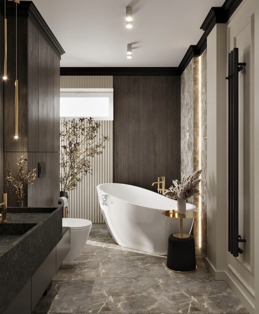 Taupe-toned bathroom with black stone vanity representing luxurious black bathrooms design.