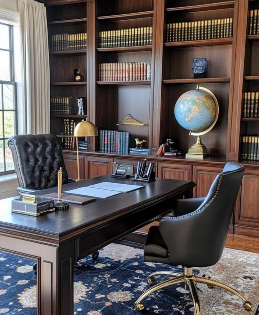 Traditional masculine home office with dark wood bookshelves, a large executive desk, tufted leather chair, brass desk lamp and vintage globe on a dark patterned rug