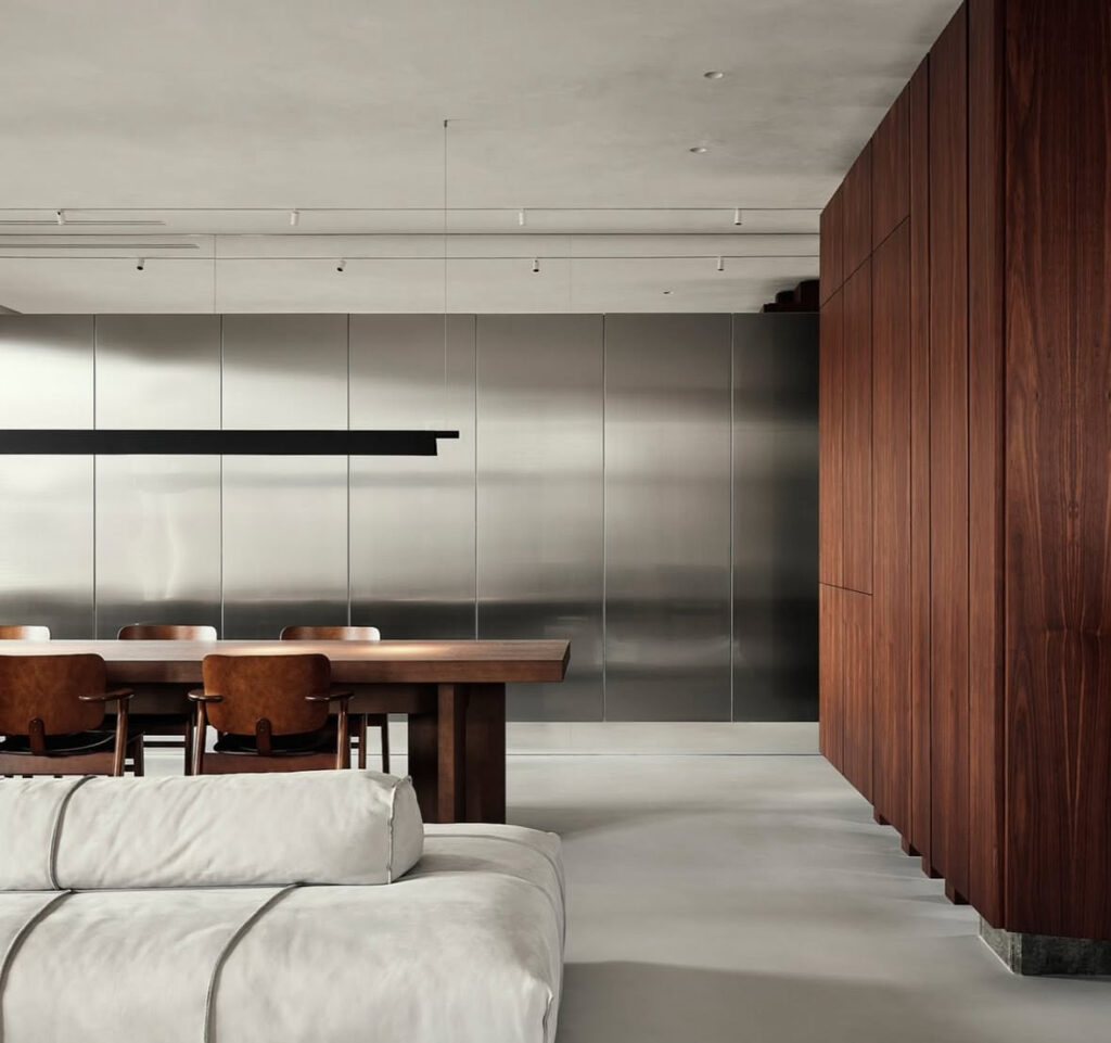 Minimalist apartment living room with clean lines and a serene, clutter-free design