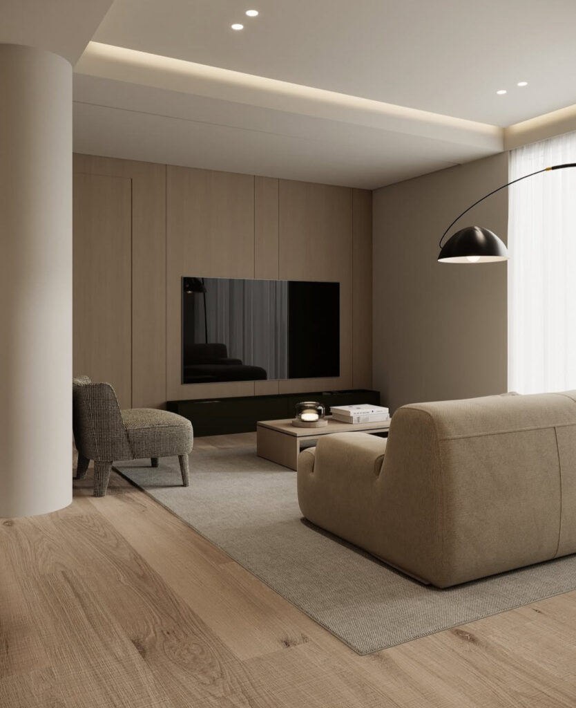 Neutral living area styled with minimalist decor and soft textures for a cozy feel.