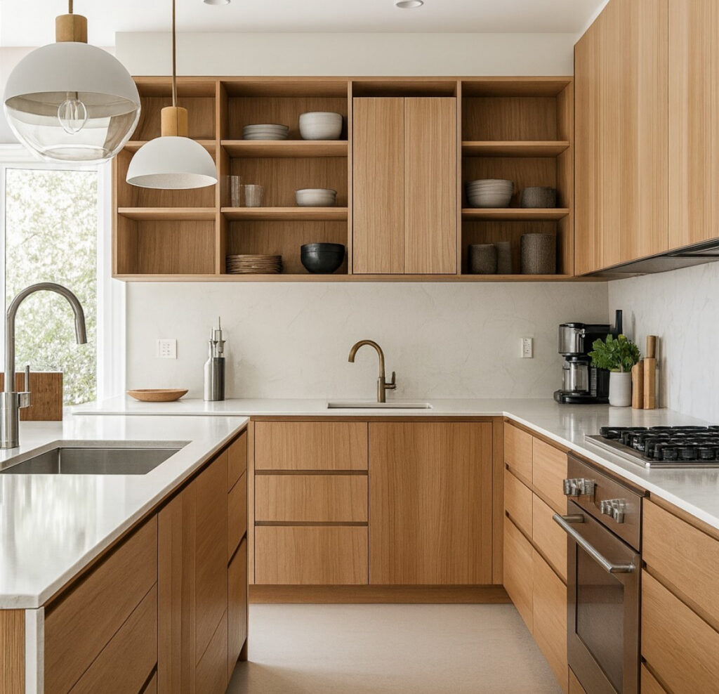 Ultra-tidy pale-wood and white cabinetry in the Hometure.cz space, a calm, clutter-free minimalist kitchen with a long picture window.