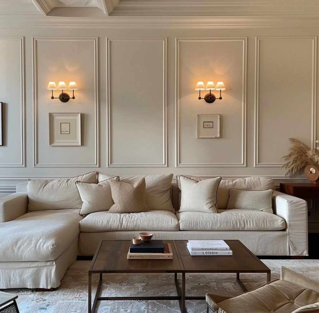 A neutral living room with classic wall moulding, soft beige sofa and warm lighting showing how inexpensive home decor can create a high-end look.