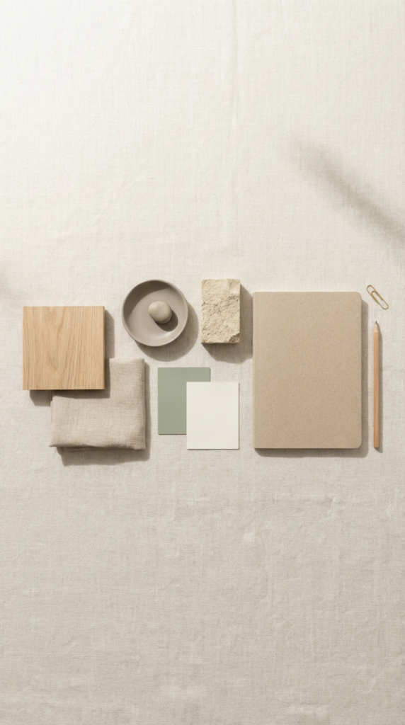 Neutral palettes and natural textures flat lay for zen office decor, featuring wood, linen, ceramic, stone, a notebook, and a pencil.