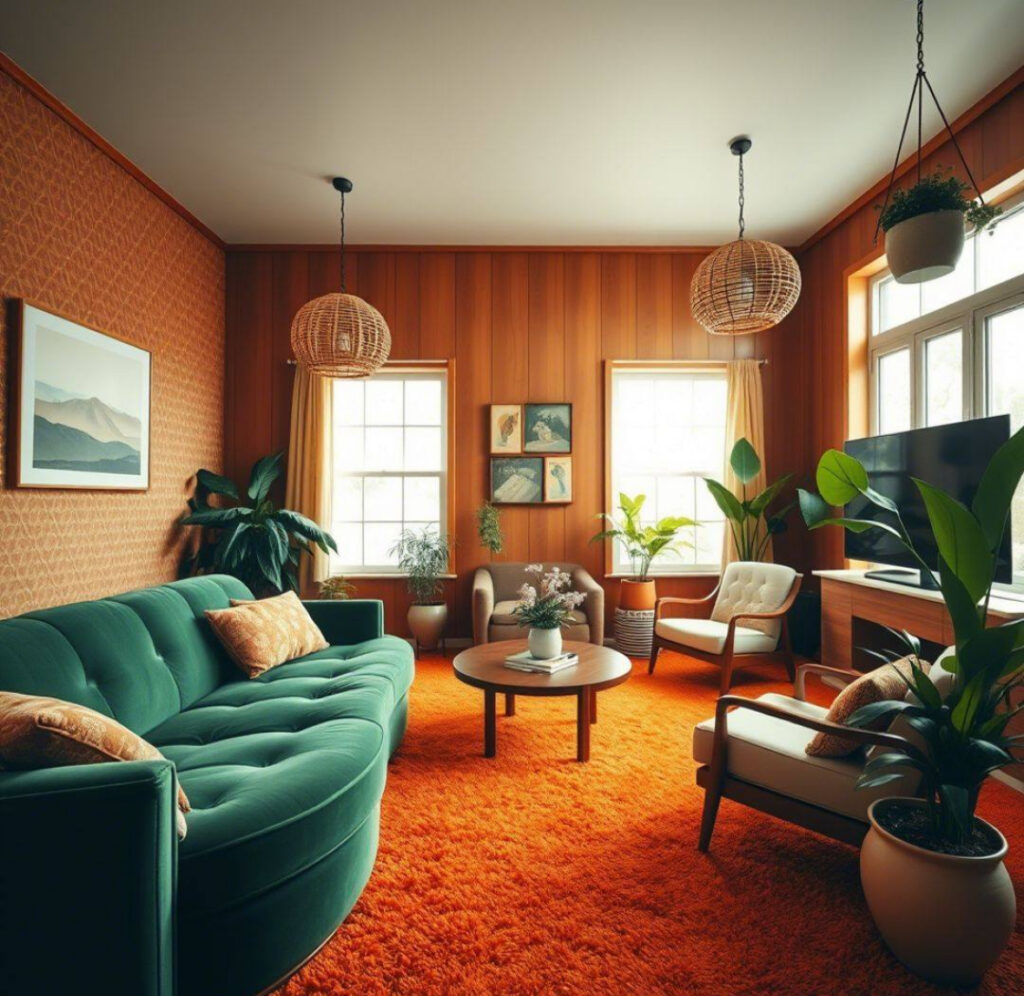 Family friendly space filled with 70s Living Room Decor Ideas like bright orange wall to wall shag, teal sofa and rattan pendants.