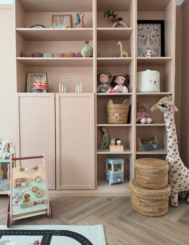 Playroom layout showing seating and storage placement to support separate activity zones.