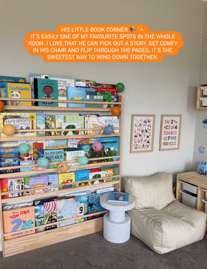 Playroom storage zone with accessible shelving and bins designed for easy toy organization.