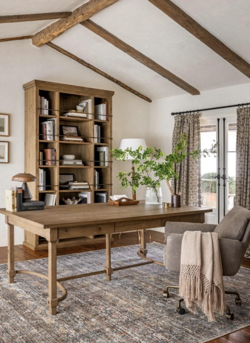 Rustic office decor for women with exposed ceiling beams, tall wood bookcase, large farmhouse style desk, gray upholstered swivel chair and patterned area rug