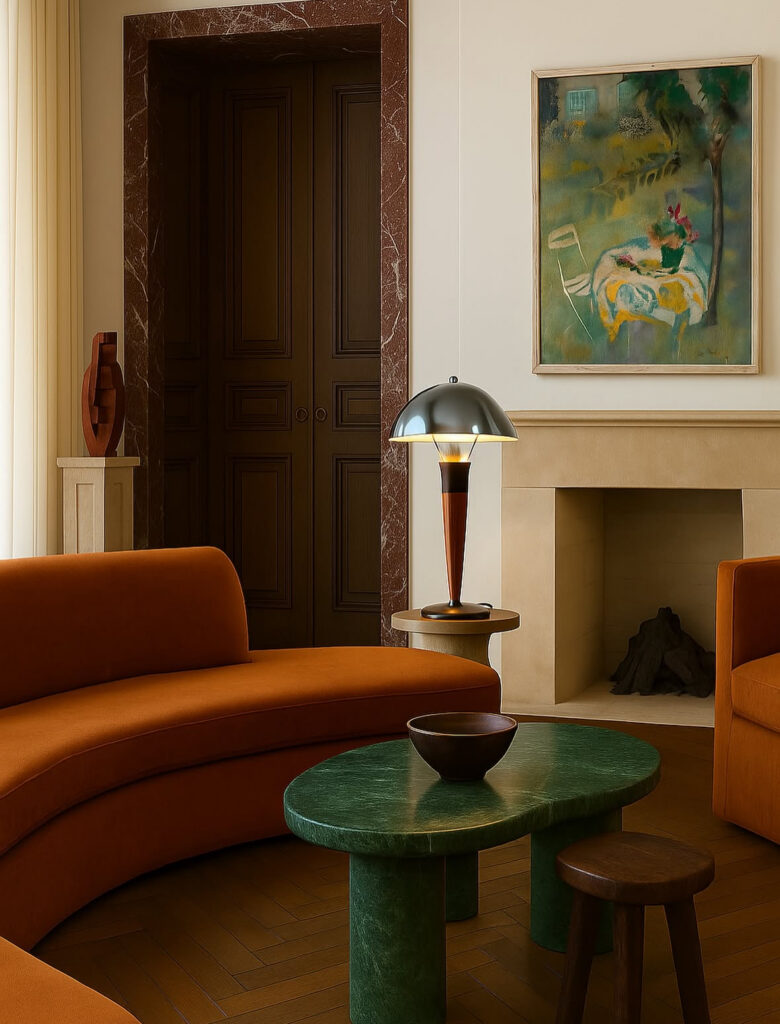 Sophisticated 70s inspired living room featuring curved orange sofas, green stone coffee table and iconic table lamp.