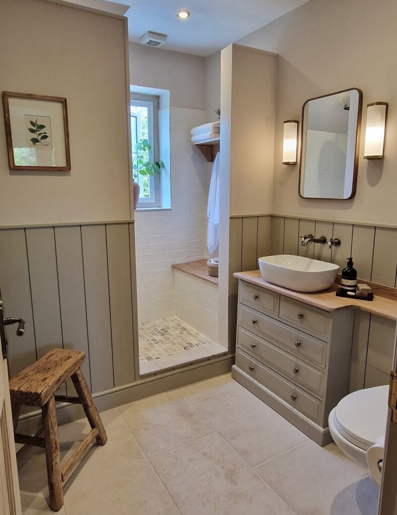 Small bathroom with soothing off-white walls, earthy toned paneling, painted cabinets and a warm wood countertop vanity for a spa-like feel.