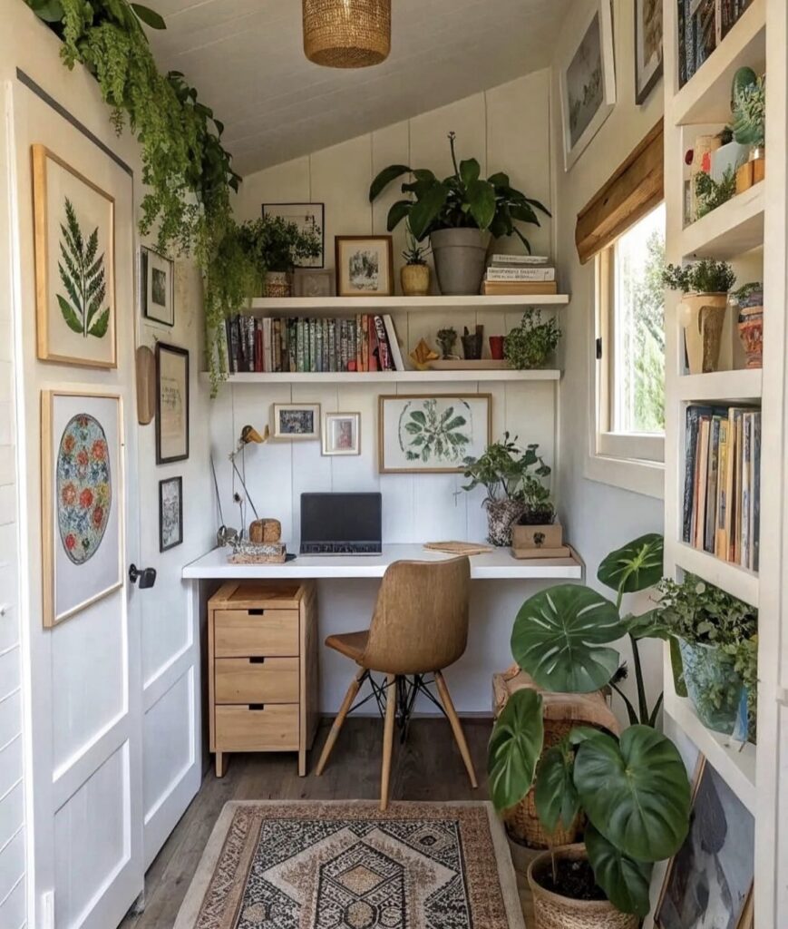 Small boho home office nook with white walls, floating shelves of books and art, patterned rug and many green plants around a compact desk.