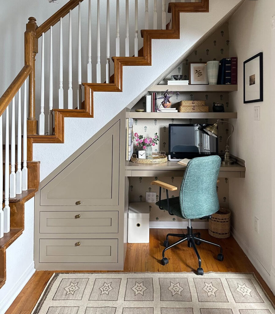 Under-stairs desk nook with taupe built-ins, wallpaper, shelves, and a teal chair, small office ideas for awkward spaces.