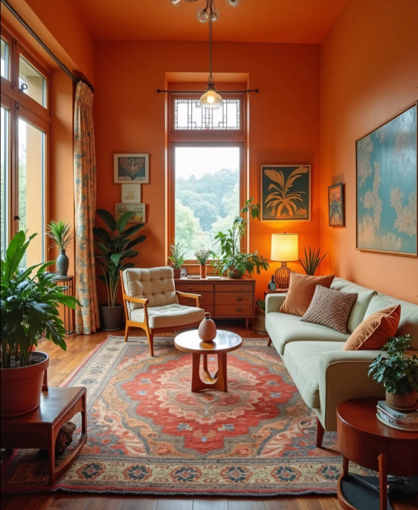 Elegant 70s inspired living room with terracotta walls, large patterned rug, mid century furniture and lush plants.