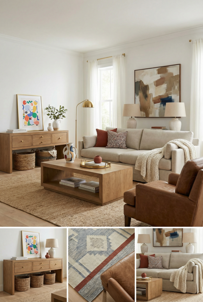 Transitional decor living room showing a calm interior design style with warm wood tones, neutral sofa, layered textures, and balanced interior aesthetics