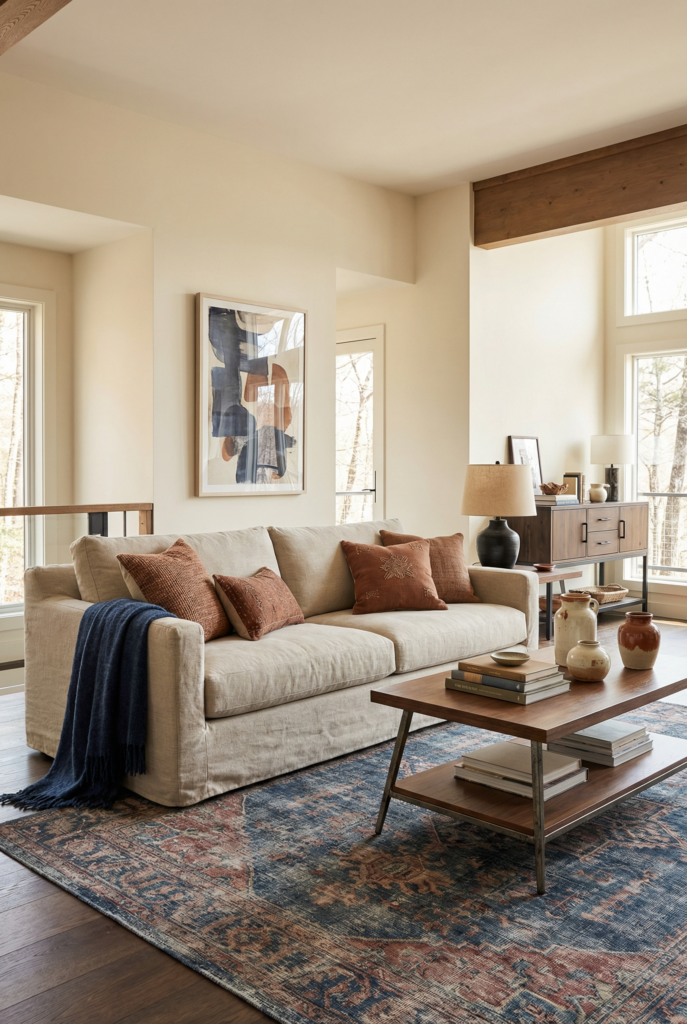 What colors are used in boho decor featuring a cream sofa, earthy rust pillows, muted blue rug, warm wood furniture, and relaxed bohemian style.