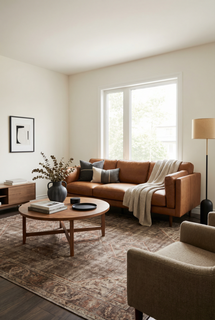 Boho color palette featuring a cream sofa, dusty blush pillows, warm wood furniture, brass accents, and soft textures for a calm bohemian living space.