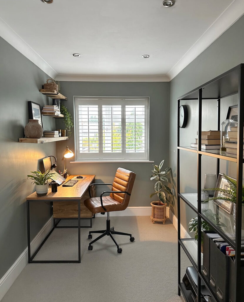Slim desk in a narrow room with floating shelves, plants, and tall storage, workspace inspiration for tight layouts.