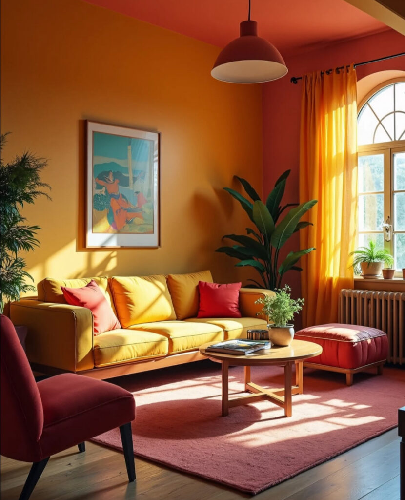 Modern twist on 70s style living room decor with yellow sofa, red chair and ottoman, sunny curtains and artwork.