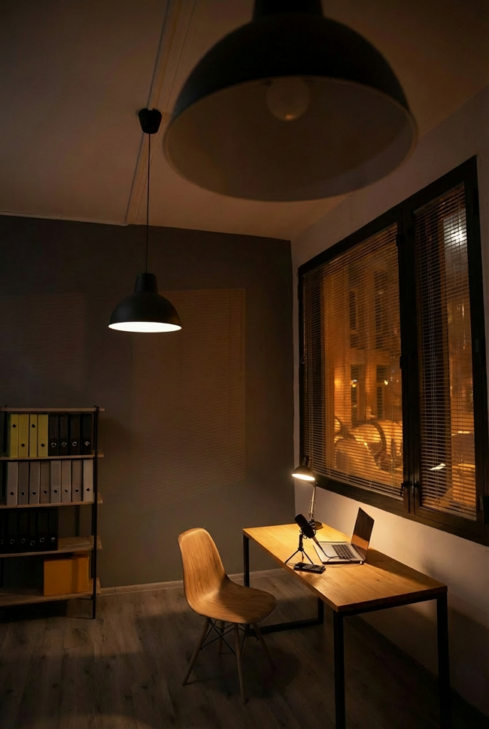 Calming workspace ideas in a moody minimalist office decor scene with warm pendant lights, a wood desk, and a simple laptop setup by window blinds