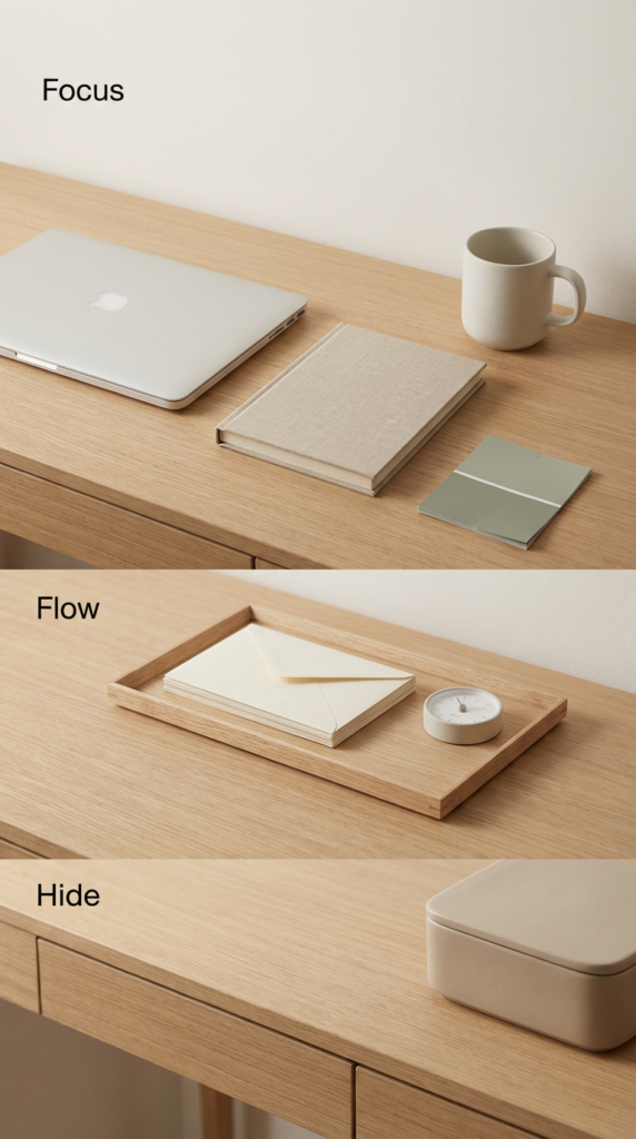 Zen office decor diagram showing the 3-zone Zen desk layout: Focus with laptop and notebook, Flow with tray for papers, and Hide with a lidded box for minimal clutter design