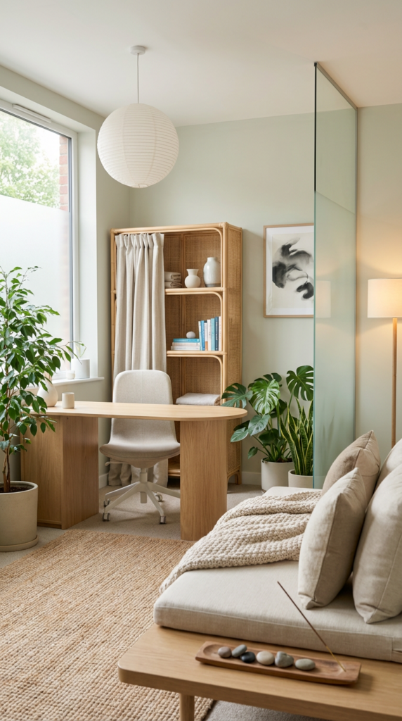 Calming therapist office with zen office decor, featuring natural light, greenery in therapy spaces, woven textures, soft neutral tones, and minimalist furniture for a soothing workspace design