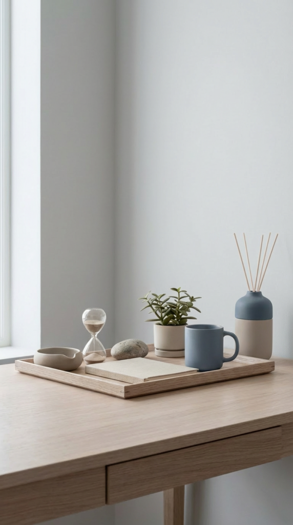 Zen office decor desk tray in a natural light office with a small plant, notebook, hourglass, mug, and reed diffuser for calming space decor and minimal clutter design.