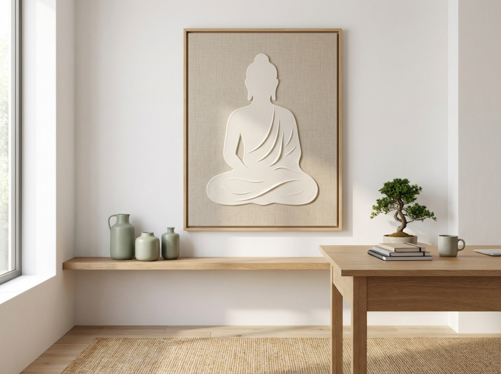 Zen office decor in a bright, natural light office with neutral tones decor, natural materials decor, a small bonsai on the desk, and spiritual wall art as inspirational office wall art for minimal clutter design.