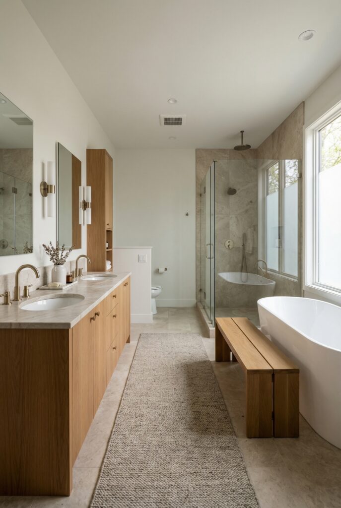 Open and spacious master bathroom layout with wide walkways, double vanity, glass shower enclosure, and freestanding tub.
