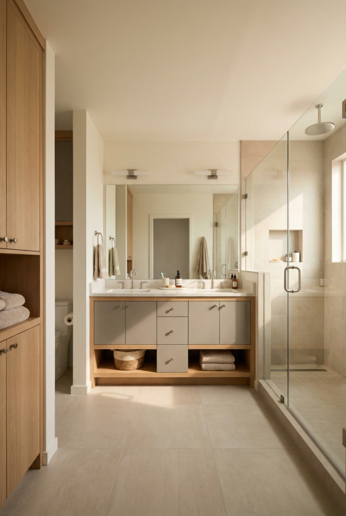 10×10 master bathroom layout with double sinks, glass shower, compact tub, and efficient bathroom space optimization.