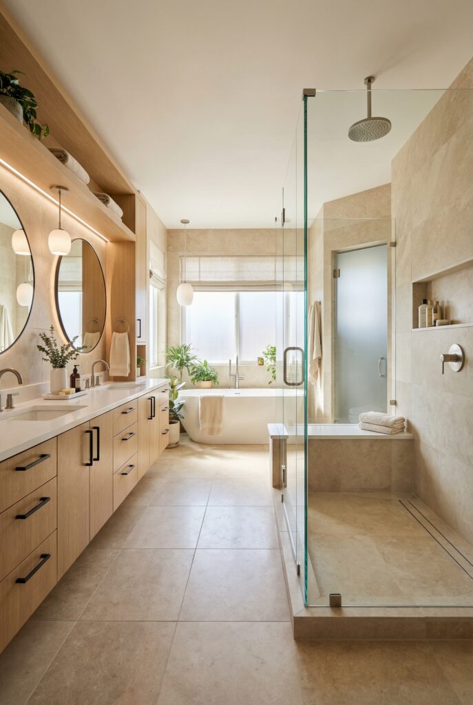 10×12 master bathroom floor plan showing double vanity, walk-in shower, soaking tub, and private toilet room.