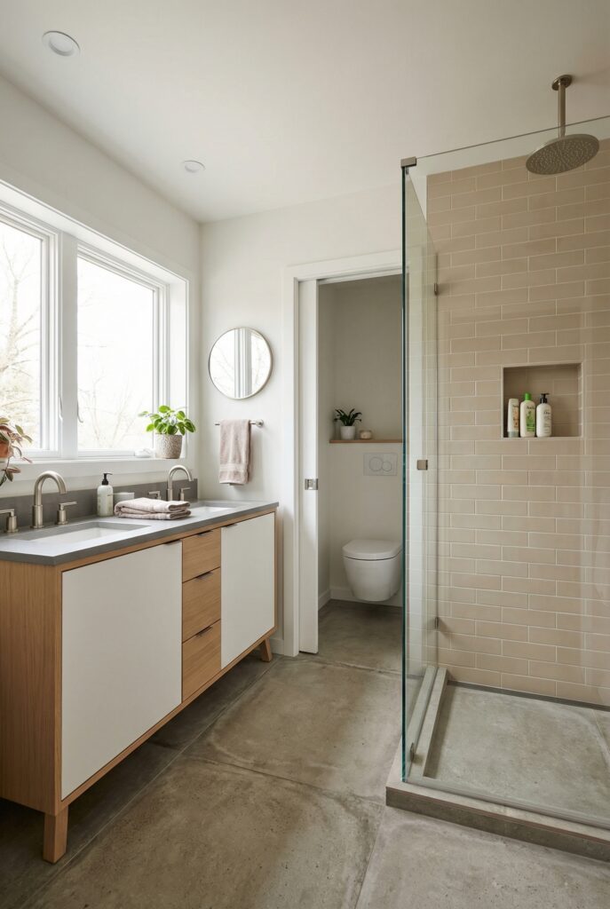 8×10 bathroom layout featuring single vanity, walk-in shower, and streamlined design for smaller primary bathrooms.
