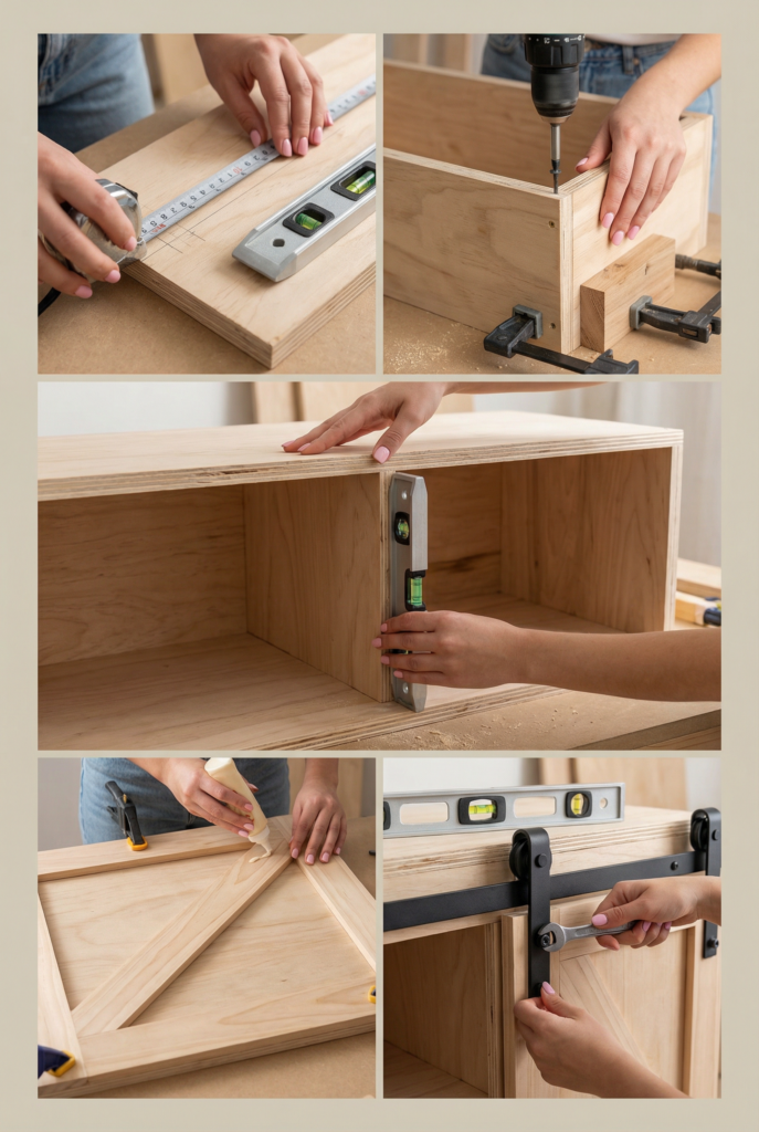 Building a barn door TV stand for rustic farmhouse decor in the living room.