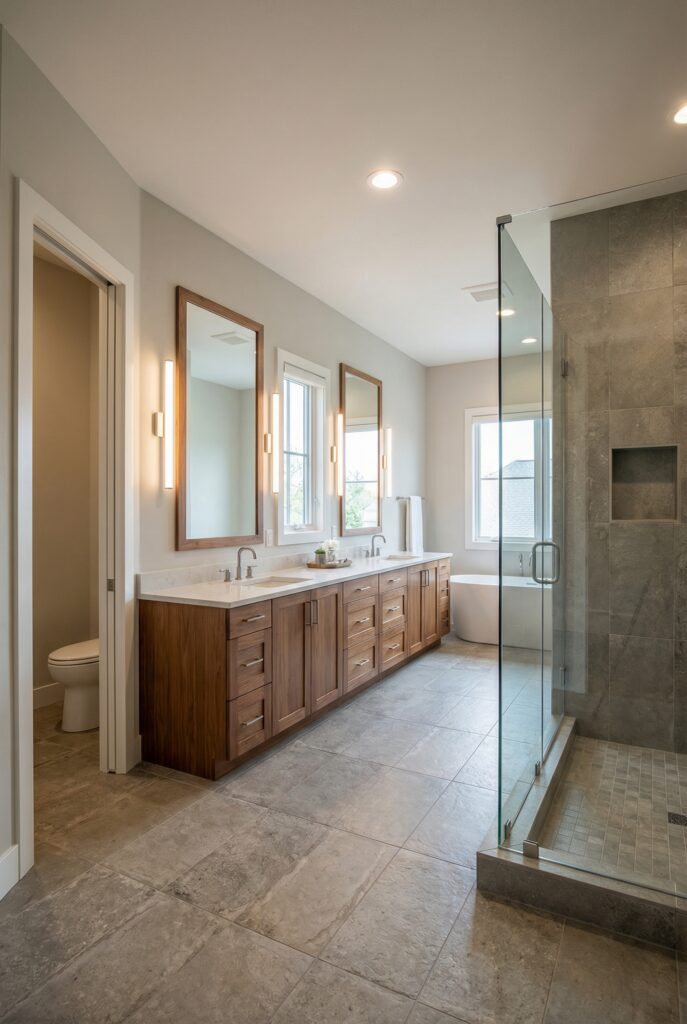 Luxury master bath with wood vanity, neutral tile flooring, glass shower enclosure, and calm, inviting bathroom design.