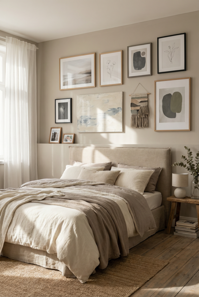 Layered above bed wall decor with framed canvas art, small photos, and a woven textile for inviting bedroom decor.