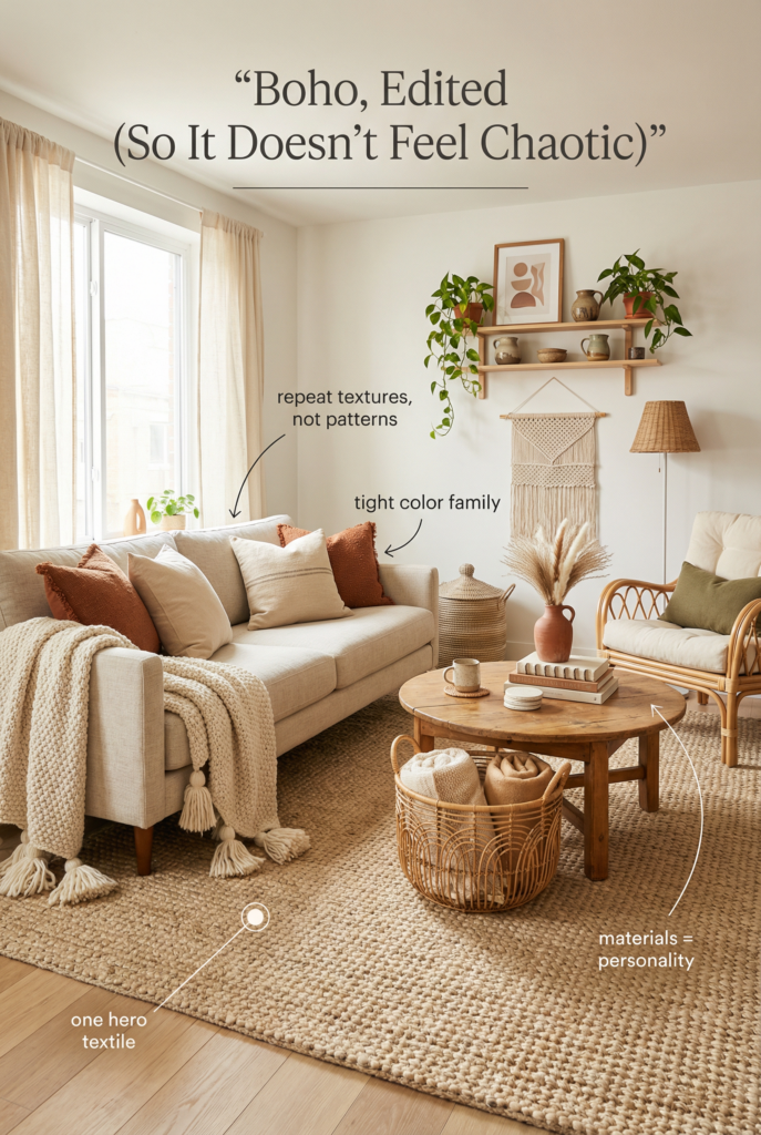 Boho apartment decor with layered textures, warm neutrals, woven materials, indoor plants, and an edited color palette that feels cozy but intentional.