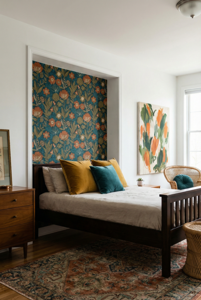 Eclectic bedroom decor with bold floral wallpaper behind the bed, layered pillows, and warm wood furniture creating a cohesive bedroom design.