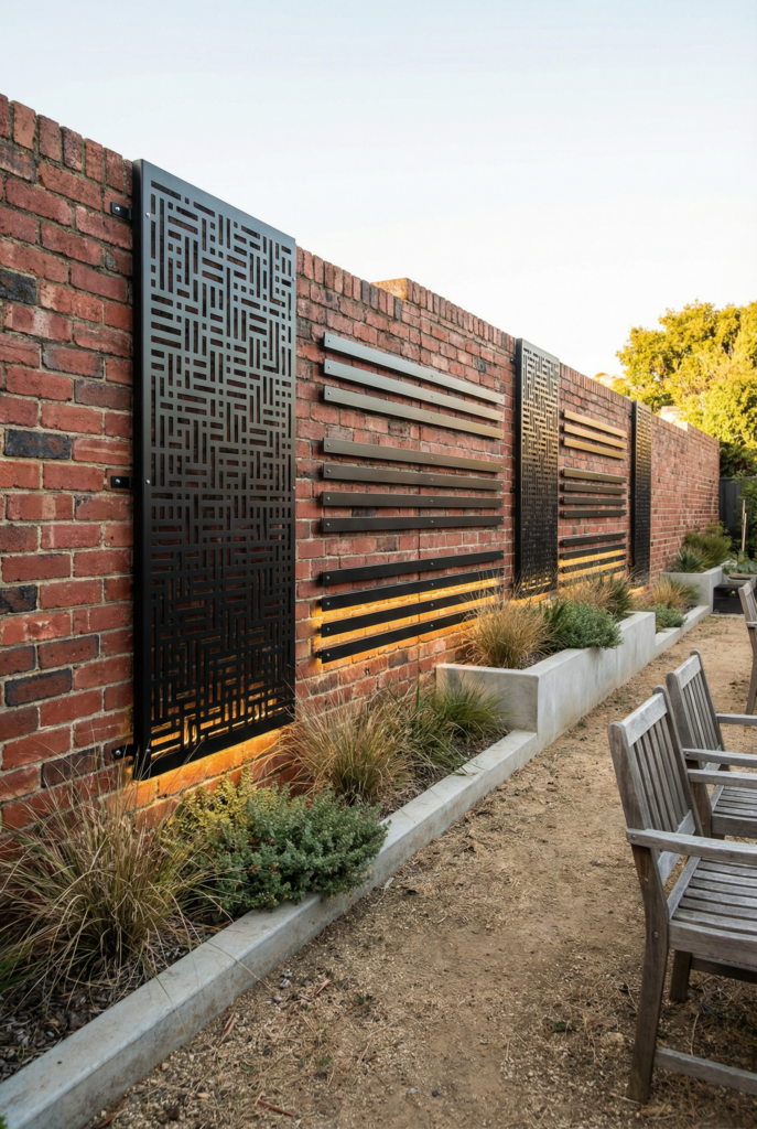 Brick wall decor with sleek metal panels and warm outdoor lighting, a modern mixing materials moment in the garden