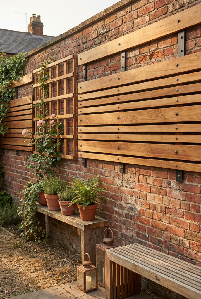 Brick plus wood wall treatment with slatted panels and a trellis, cozy outdoor decor that softens the garden edge