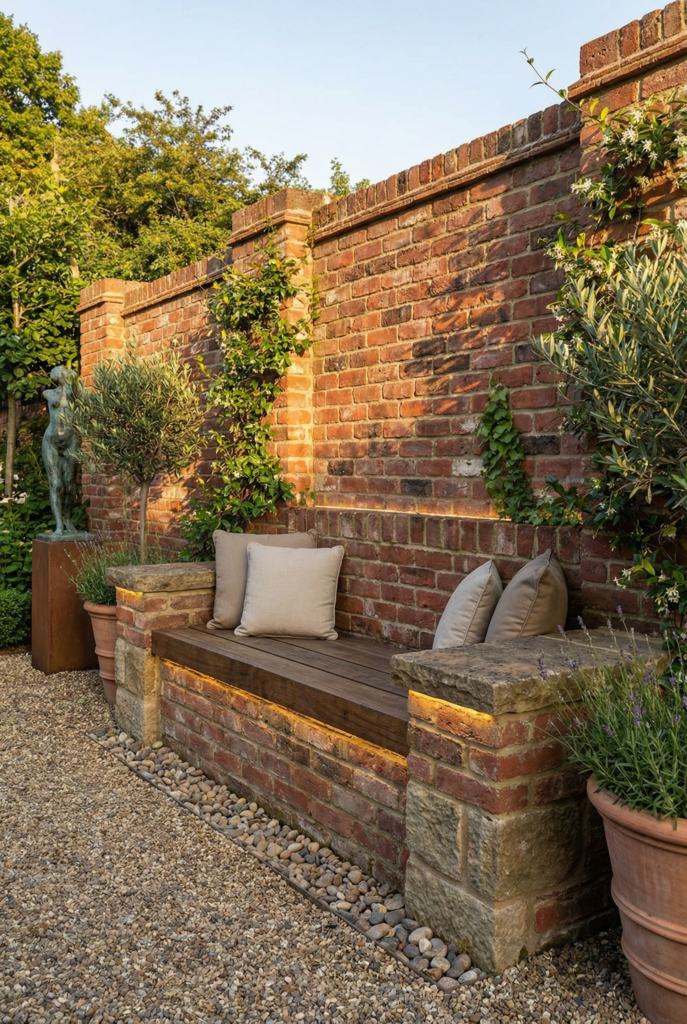 Built-in seating nook set into a garden brick wall with soft cushions and hidden lighting for an inviting outdoor space