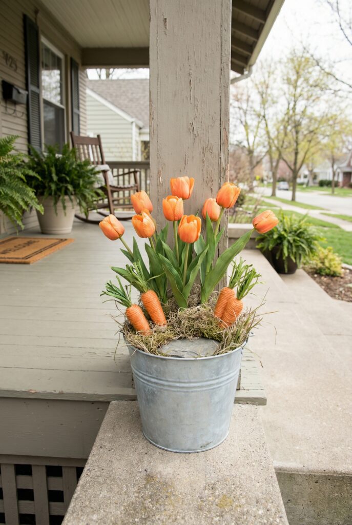Easter outdoor decorations featuring a carrot-themed planter with orange tulips and faux carrots styled on a front porch step.