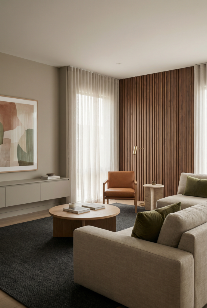 Choosing a modern palette and clean lines with warm neutrals, streamlined living room furniture, and simple living room decor styling.