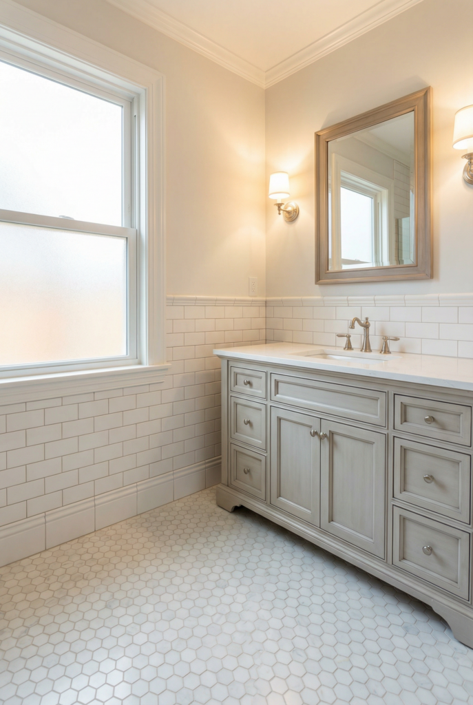 Classic bathroom with white ceramic tile walls, small hexagon bathroom flooring, and traditional fixtures in a clean, timeless layout.