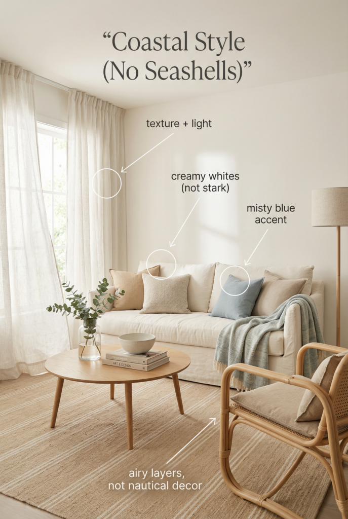 Coastal style apartment living room with airy curtains, creamy white sofa, light wood furniture, misty blue accents, and relaxed layered textures.